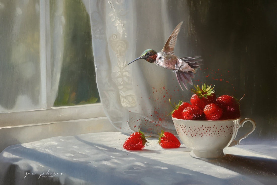 Hummingbird with strawberries art